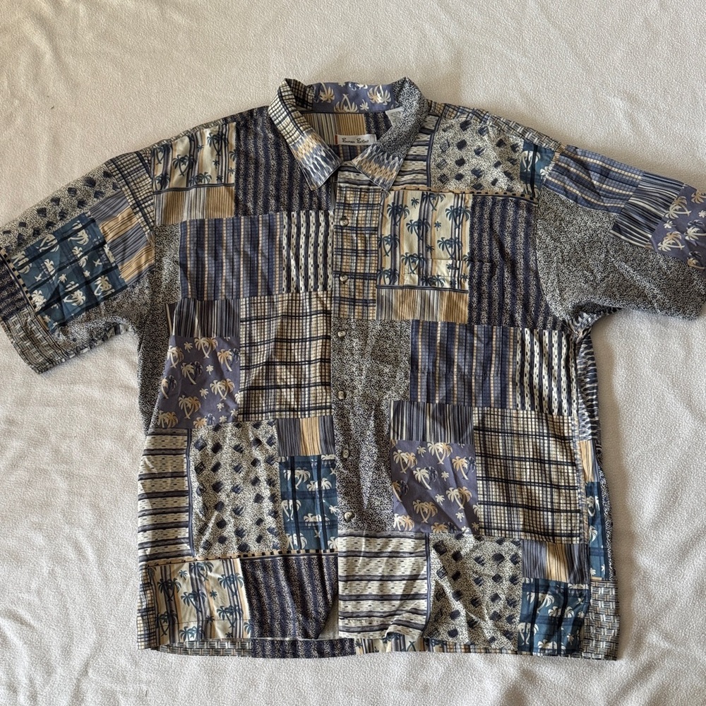 Men's Casual Patchwork Button Down Shirt - Blue A… - image 1